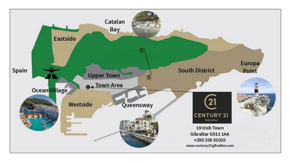 Illustrated map of Gibraltar showing key residential areas including Ocean Village, Westside, Queensway, Town Area, Upper Town, South District, Catalan Bay, Eastside and Europa Point, with la