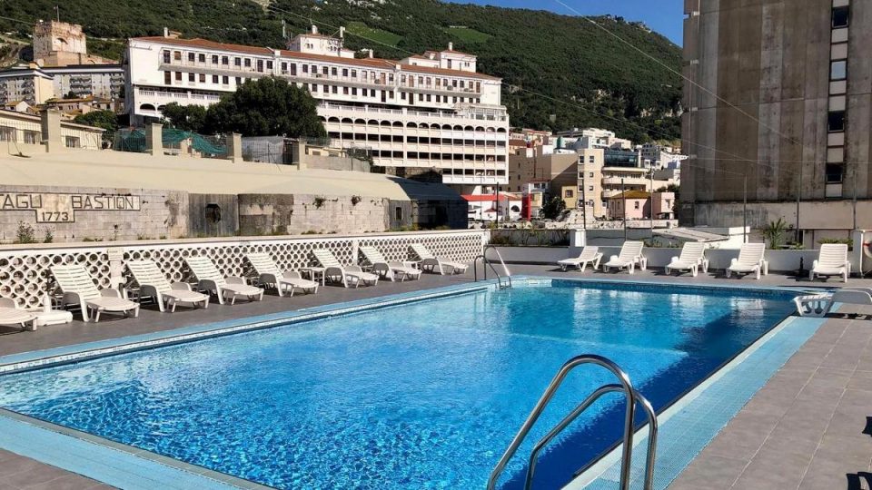 Ocean Heights Swimming Pool Gibraltar Outdoor swimming pool at Ocean Heights residential development in Gibraltar, a popular location for short-term lets and rental accommodation.
