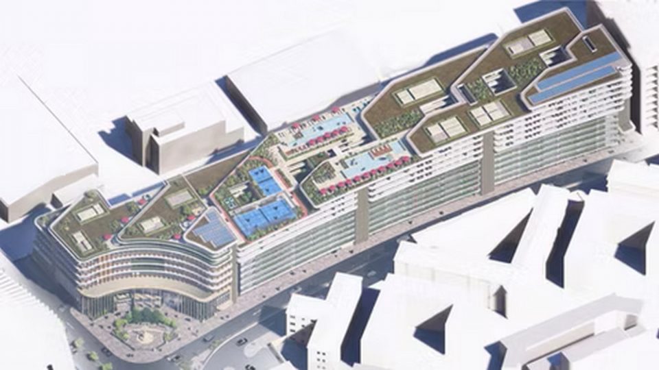 Monument Plaza, Gibraltar — aerial view of the proposed development. Aerial architectural visualisation of Monument Plaza in Gibraltar.