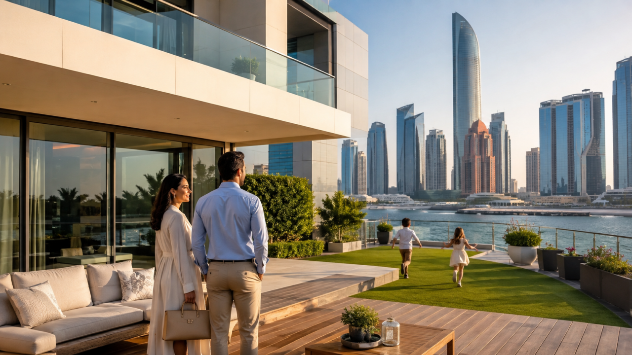 Abu Dhabi skyline and modern cityscape, showcasing the UAE lifestyle and property opportunities for UK buyers considering a move to Abu Dhabi.