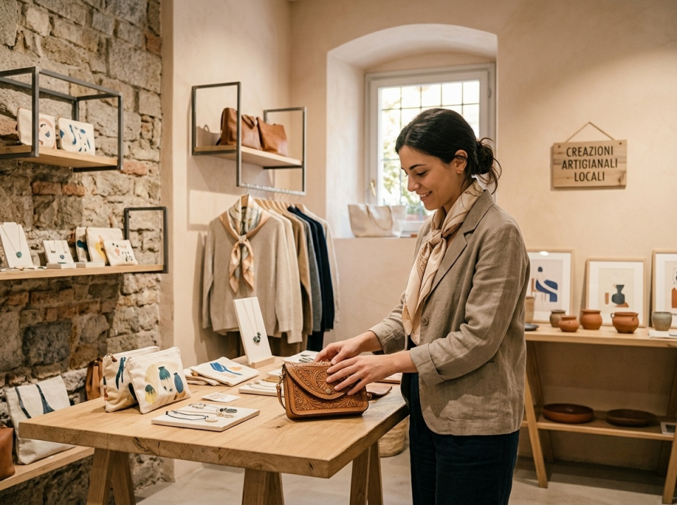 A candid photograph of a woman smiling while touching a finely hand-tooled leather bag in a minimalist Milanese boutique, featuring exposed stone walls and local artisan crafts.