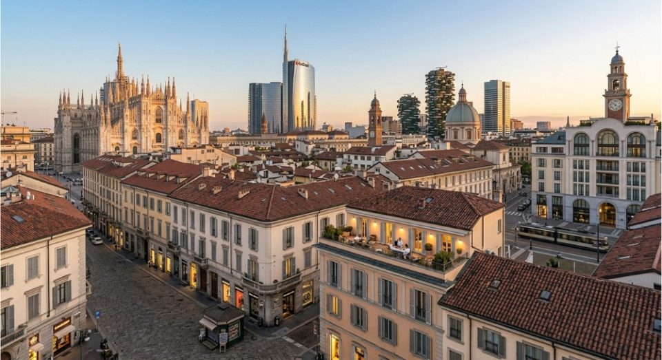 A sophisticated group of people dining on a sunlit rooftop terrace in central Milan, overlooking a historic street with the Duomo and modern skyline in the background.