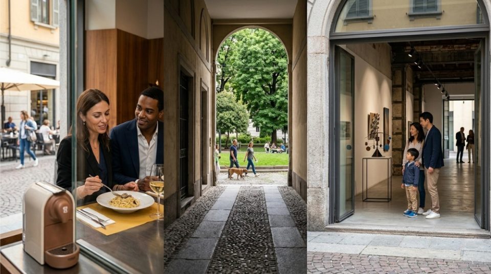 A triptych showing Milanese lifestyle: a couple dining on risotto in a restaurant, a cobblestone pathway leading to a green public park, and a family visiting an art gallery.