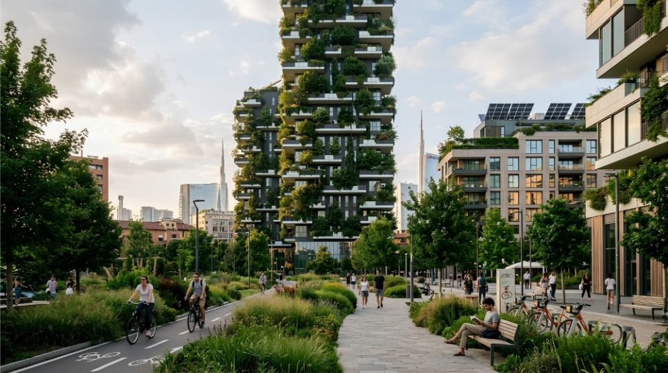 Sustainable Luxury Real Estate Milan Bosco Verticale Porta Nuova A professional landscape photograph of Milan’s sustainable Porta Nuova district, showcasing the Bosco Verticale towers covered in trees, pedestrian paths, cyclists, and a building with roofto