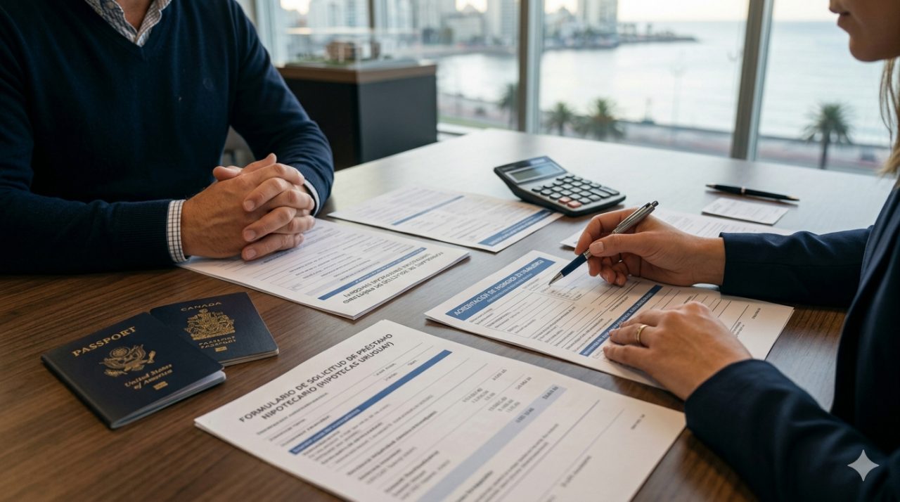 Close-up view of a desk featuring United States and Canadian passports, financial statements, and a formal Uruguayan mortgage loan application form being prepared during a financial review.