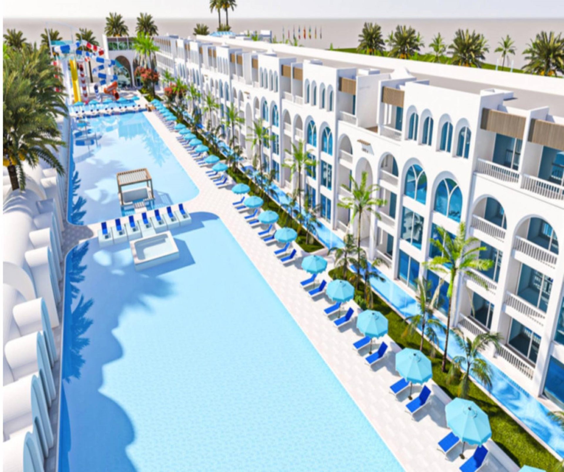PM Serviz Immobiliari Aerial view of a luxury real estate development in Montaza, Sharm El-Sheikh, featuring white Mediterranean-style architecture, private swim-up pools, and a central lagoon, appealing to foreig