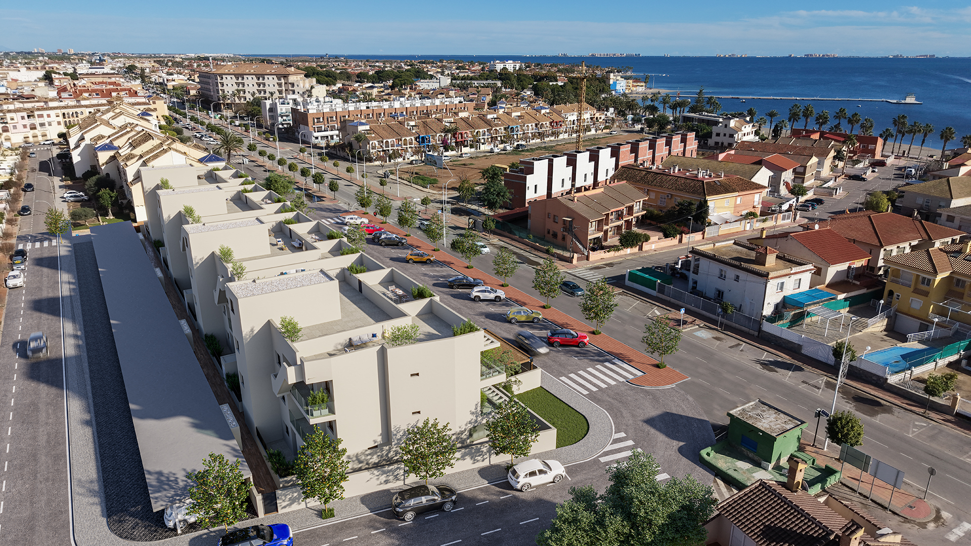Aerial view of L.A. Beach Living and the Mar Menor